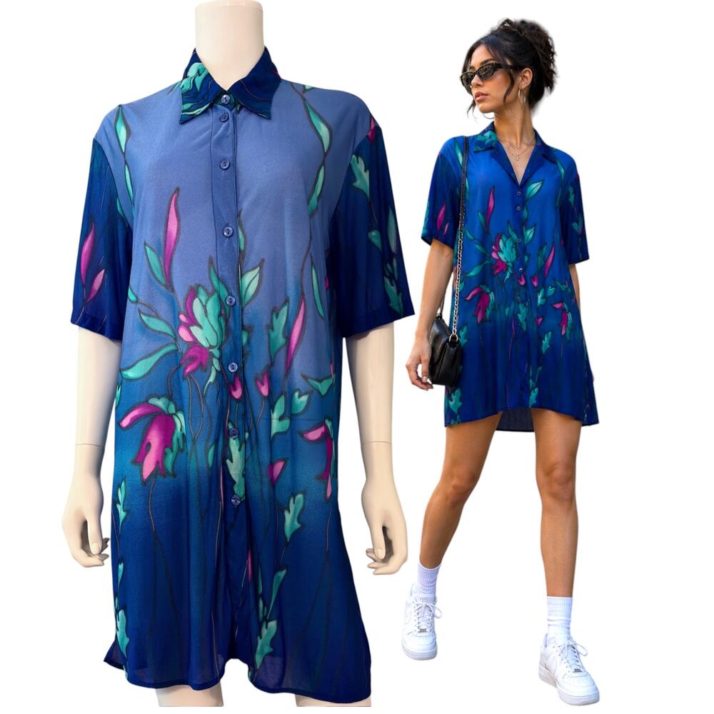 Vtg Gottex Blue Floral Shirt Dress Tunic Size L/XL Cover Up Boho Cruse Resort